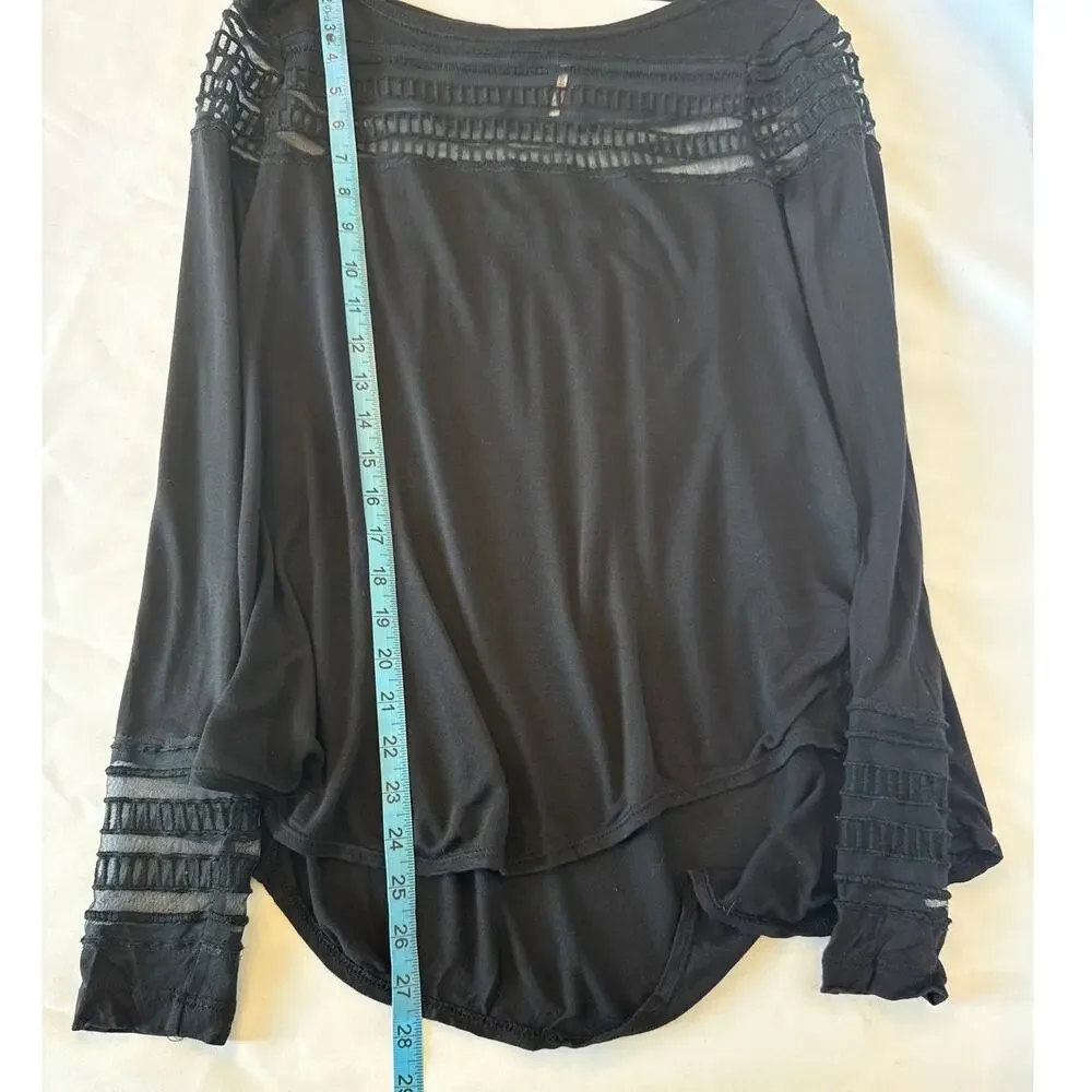 Free People Roxy Roxie Tee Black Long Sleeve Boho Top Lace Hi Low Hem XS